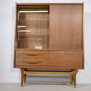 Mid Century Teak Highboard with Glass Display Cabinet & Sliding Door, 1960s