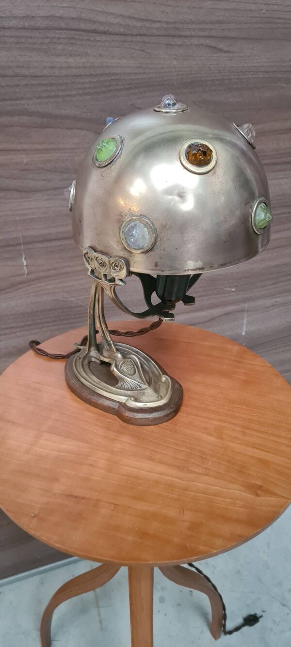 Lampe de table 1900 laiton cuivre ancienne a cabochon en verre  35x24