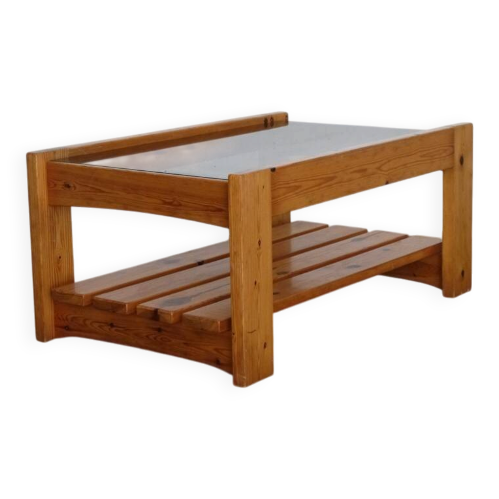 1970s pine and glass coffee table