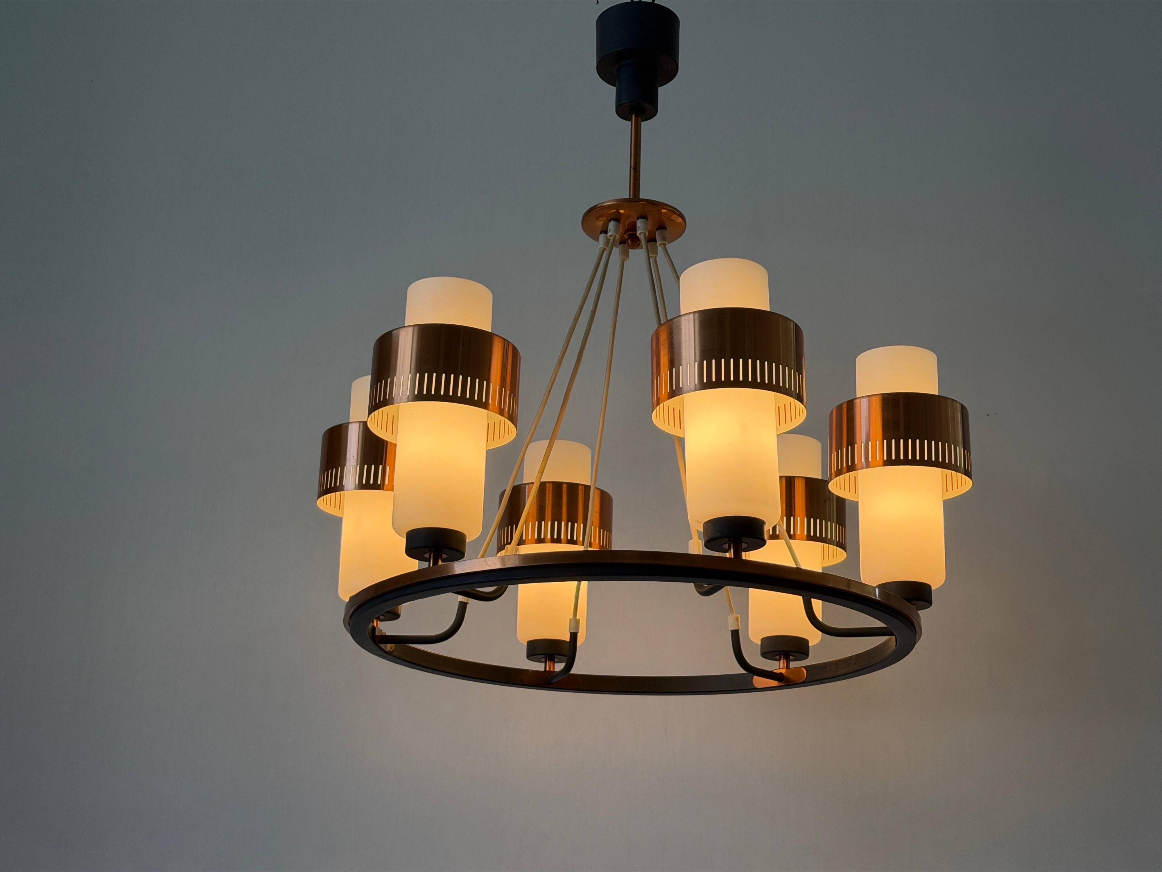 Large ceiling light with 6 arms in copper metal and glass, 1960s, Germany