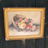 Aquarelle ancienne "panier de roses"