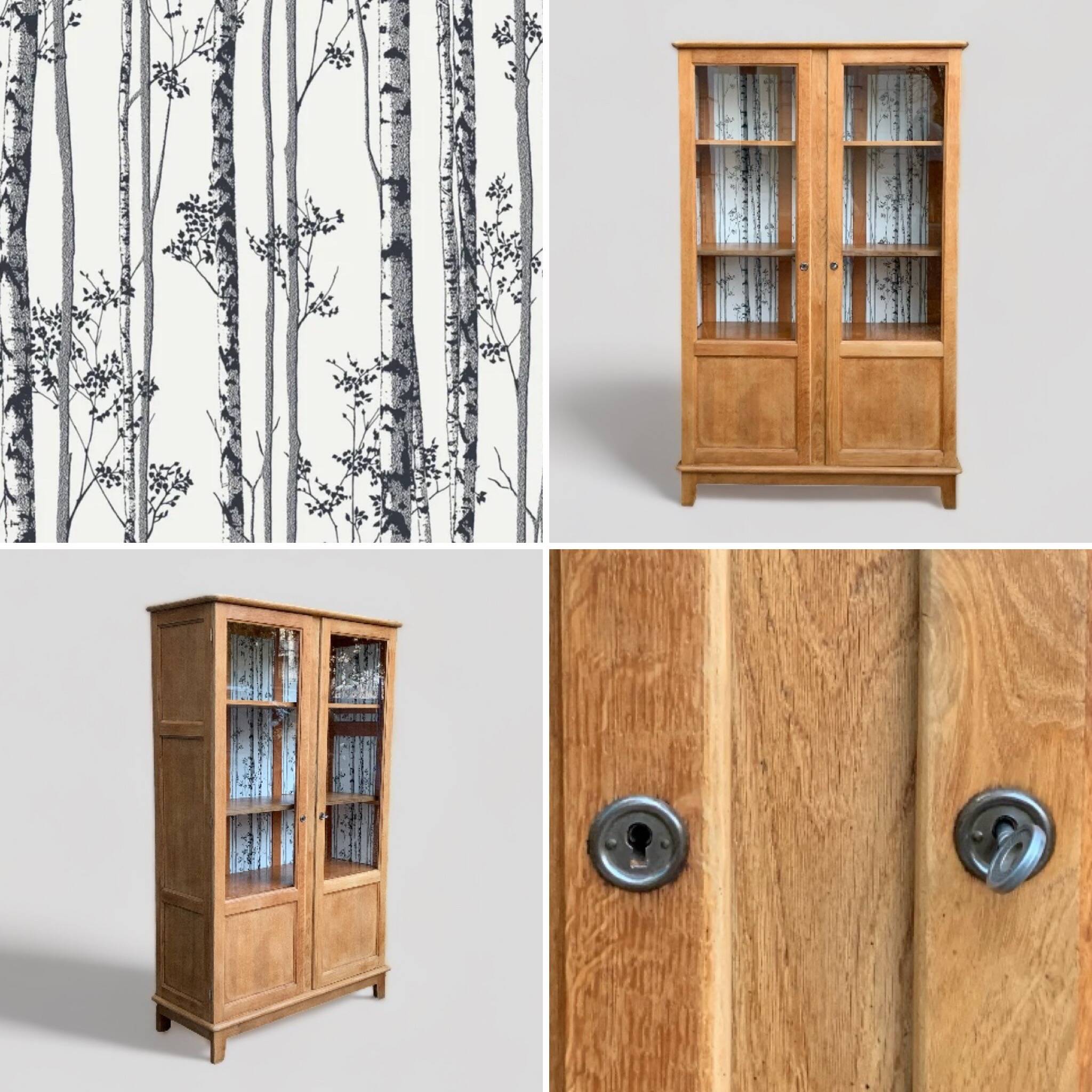 Solid raw oak school glass cabinet 1950