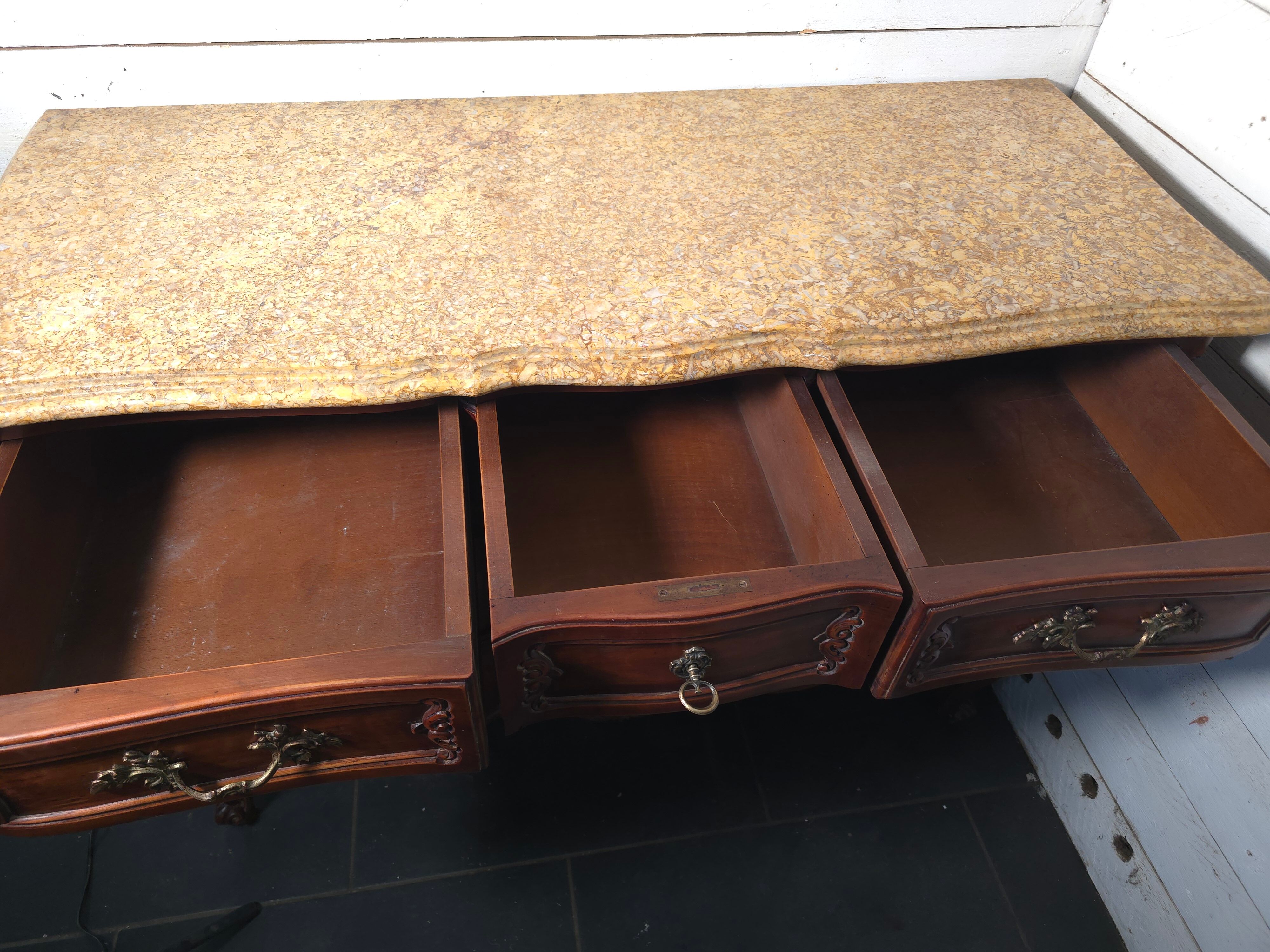 Crossbow commode in solid cherry wood, Louis XV style with marble top.