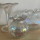 Series of 3 vintage vases in iridescent glass paste