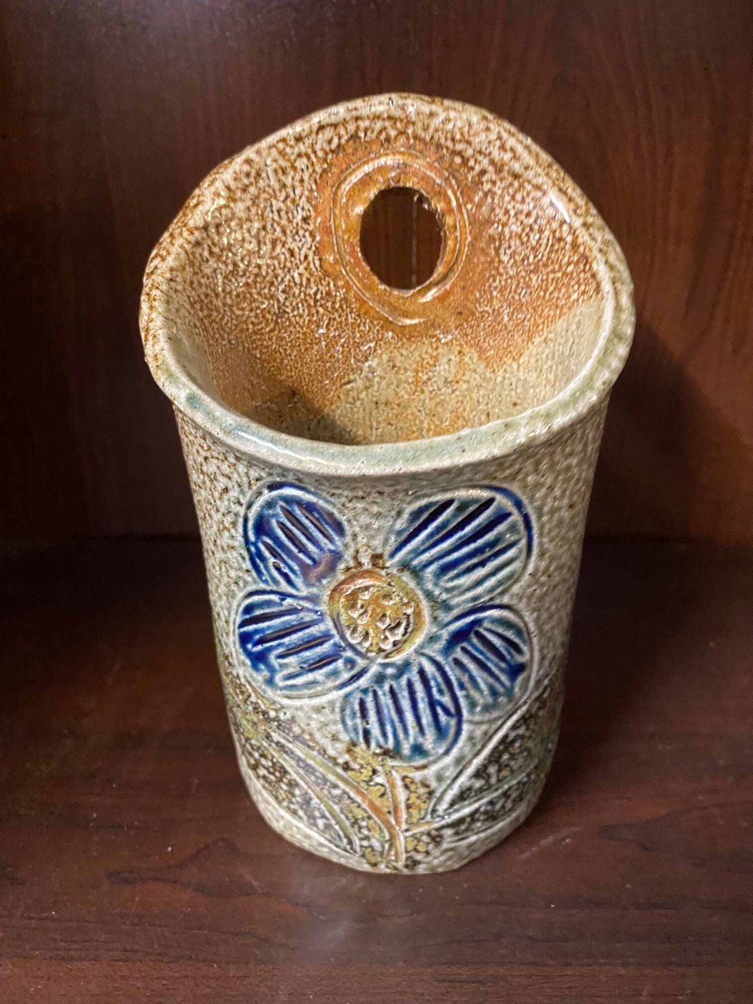 Salt stoneware vase signed jean claude monange blue flower place or hang