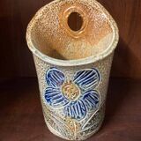 Salt stoneware vase signed jean claude monange blue flower place or hang