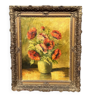 H.J. van Wijngaarden (1906–1986). Antique still life with poppies in a beautiful baguette frame.