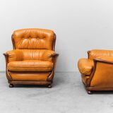 Pair of leather and wood armchairs 1950s vintage modernism