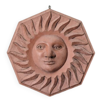 Soleil artisanal en terre cuite terracotta décoration murale vintage bohème
