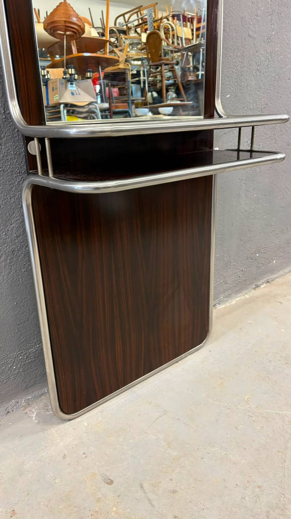 Console murale en chrome et palissandre avec miroir, années 1970, italienne.