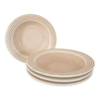 set of 4 plates Italian pasta plates Quadrifoglio with yellow striped edges and pale pink background