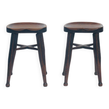 Ensemble de 2 tabourets en chêne antique par Gaskell et Chambers, Royaume-Uni, années 1890.