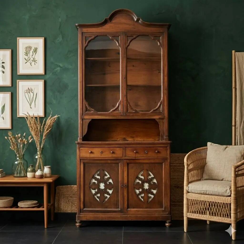 Antique double-bodied display cabinet with walnut drawers, Italy, 20th century.