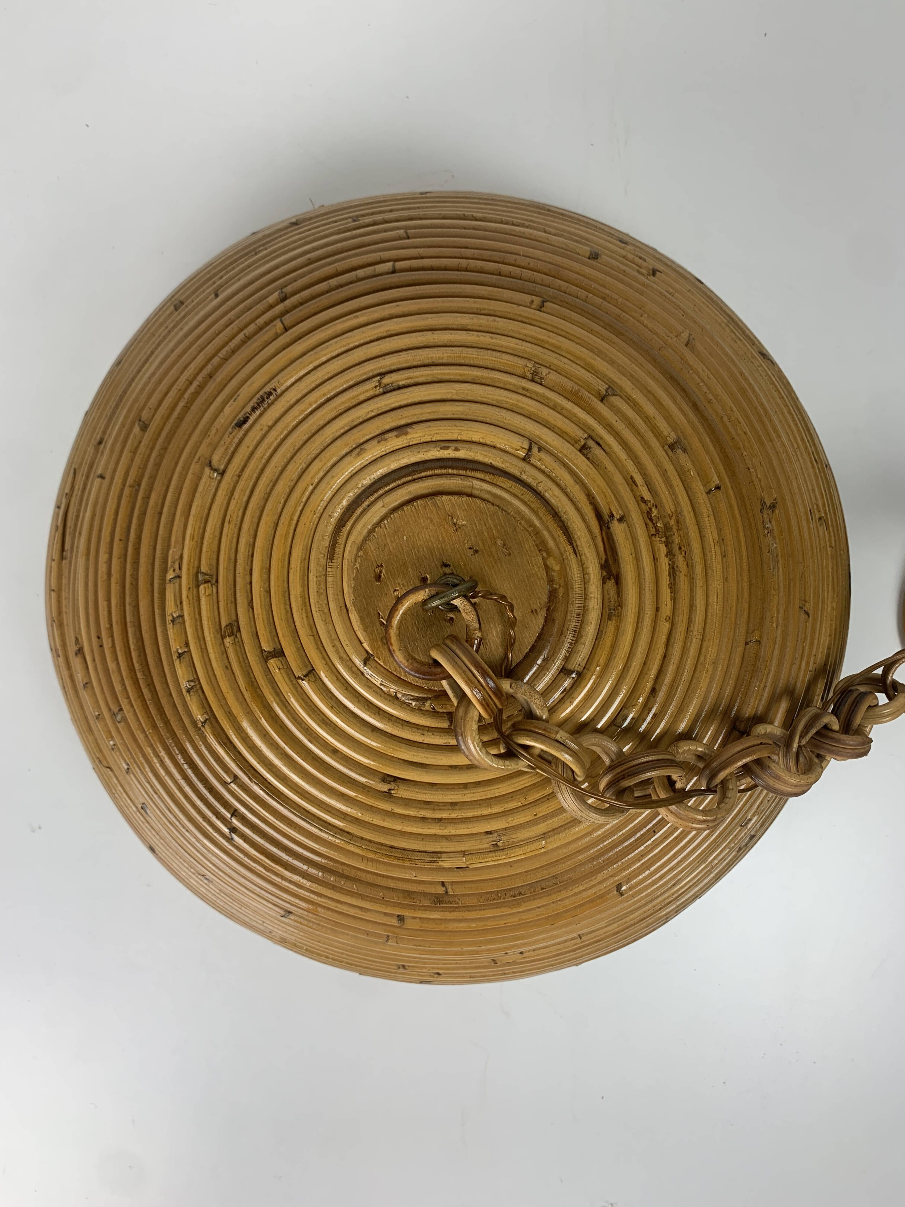 Midcentury pencil reed rattan bamboo pendant hanging lamp, Italy, 1970s