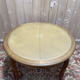 Round oak dining table with leather in Louis XV style.
