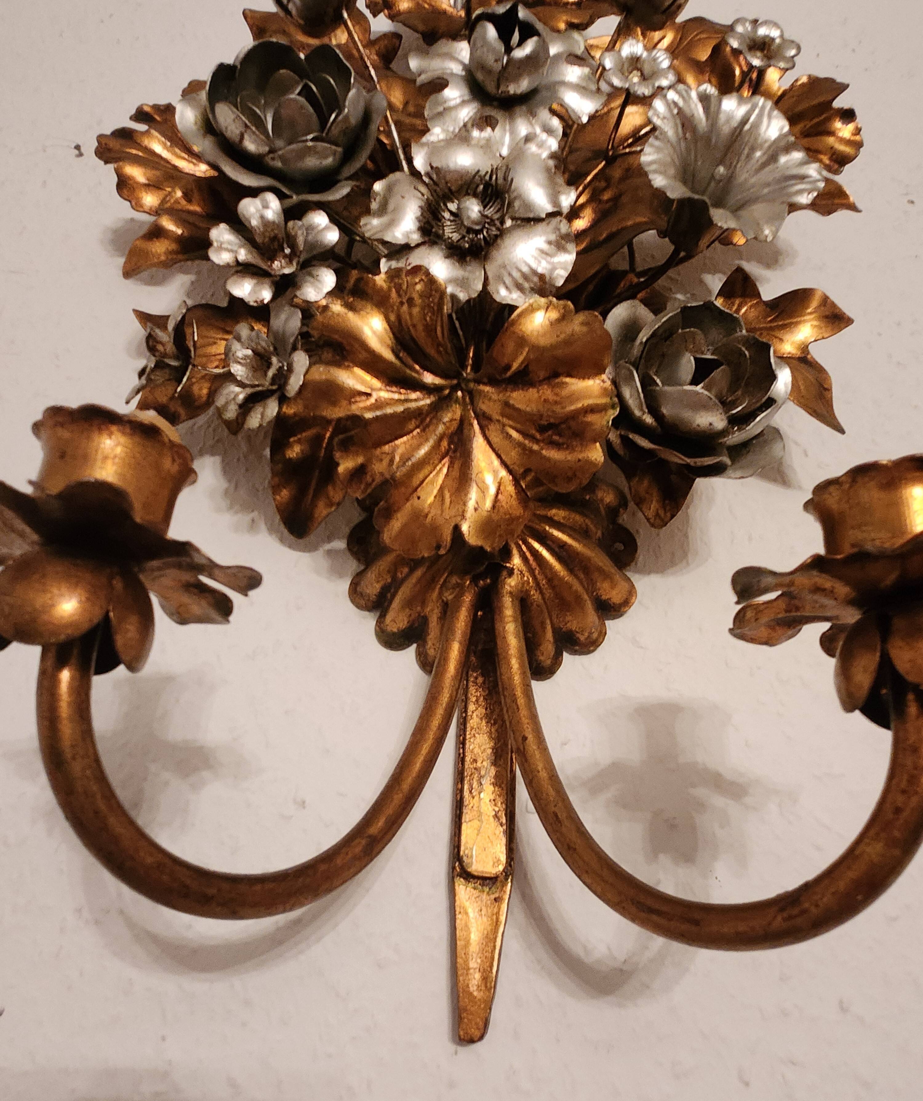Hand-forged gilded silver-plated candle wall lamps by S. Salvadori