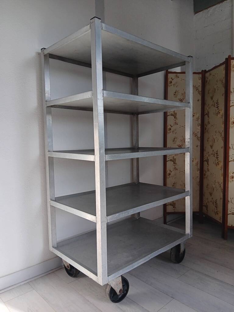 1950s metal shelf on wheels
