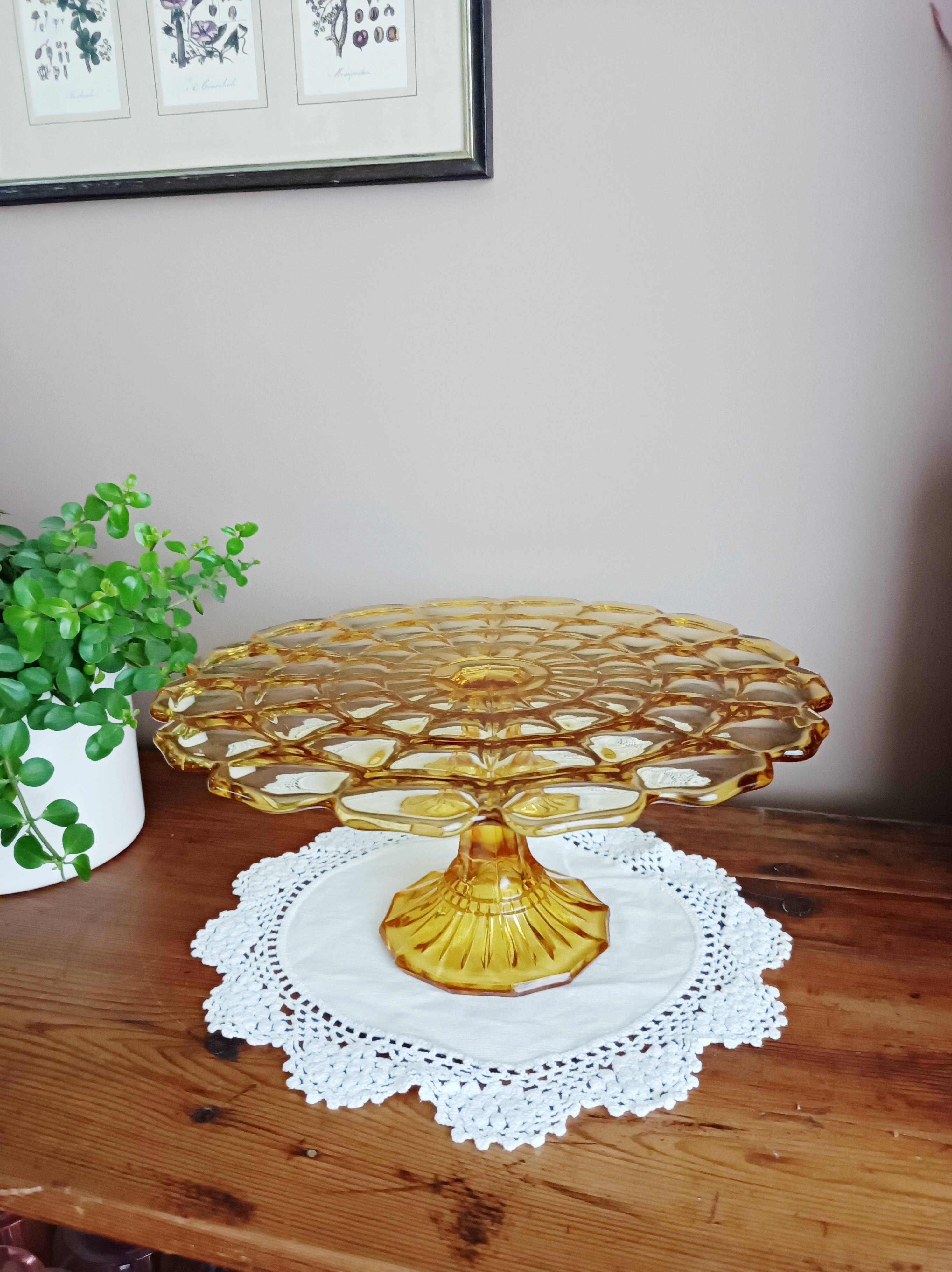 Cake stand, glass pedestal plate Bernsdorf depression style