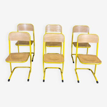 Set of 6 vintage school chairs in wood and yellow steel France