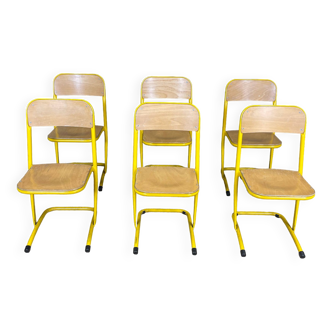 Lot de 6 chaises d'école vintage en bois et acier jaune France