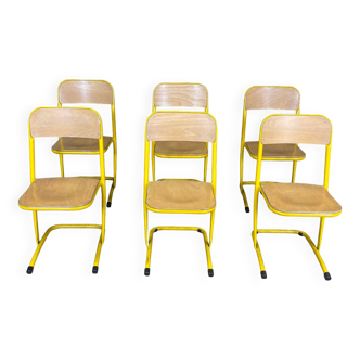 Set of 6 vintage school chairs in wood and yellow steel France