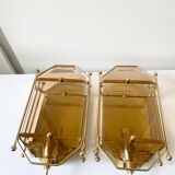 Pair of Scandinavian Vintage  wall light Sconce in Brass & Amber colored Glass