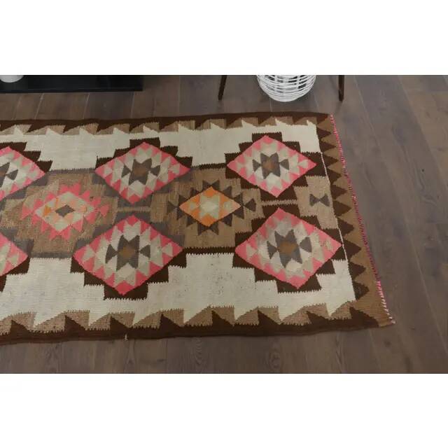 1970s Turkish Oushak Handmade Wool Cotton Pink Runner Rug 92x267