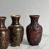 3 petits vases cloisonnés en métal ancien