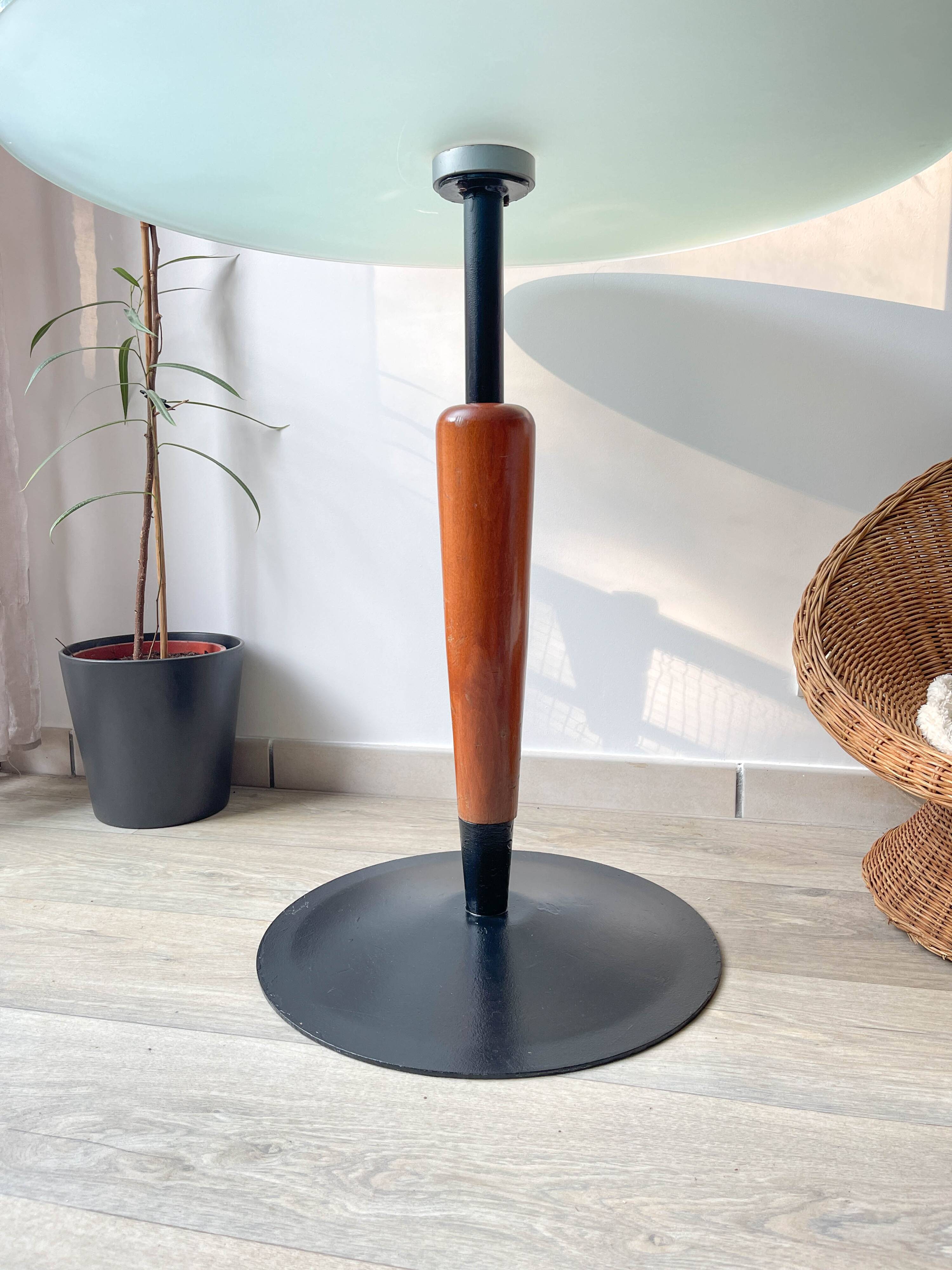 Vintage round mushroom table in wood and glass, 1970s