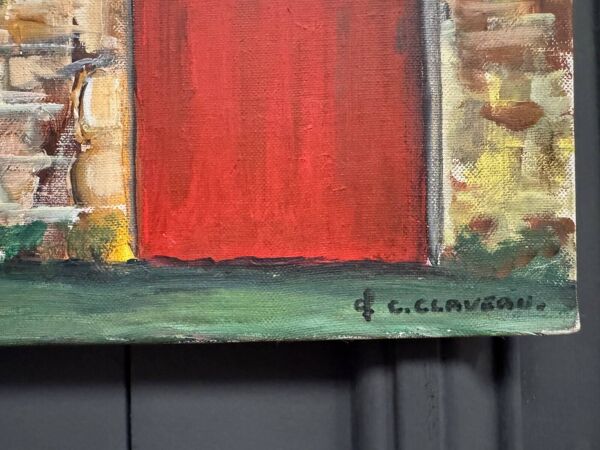 Huile sur toile par Claude Claveau mur à la porte rouge XXe