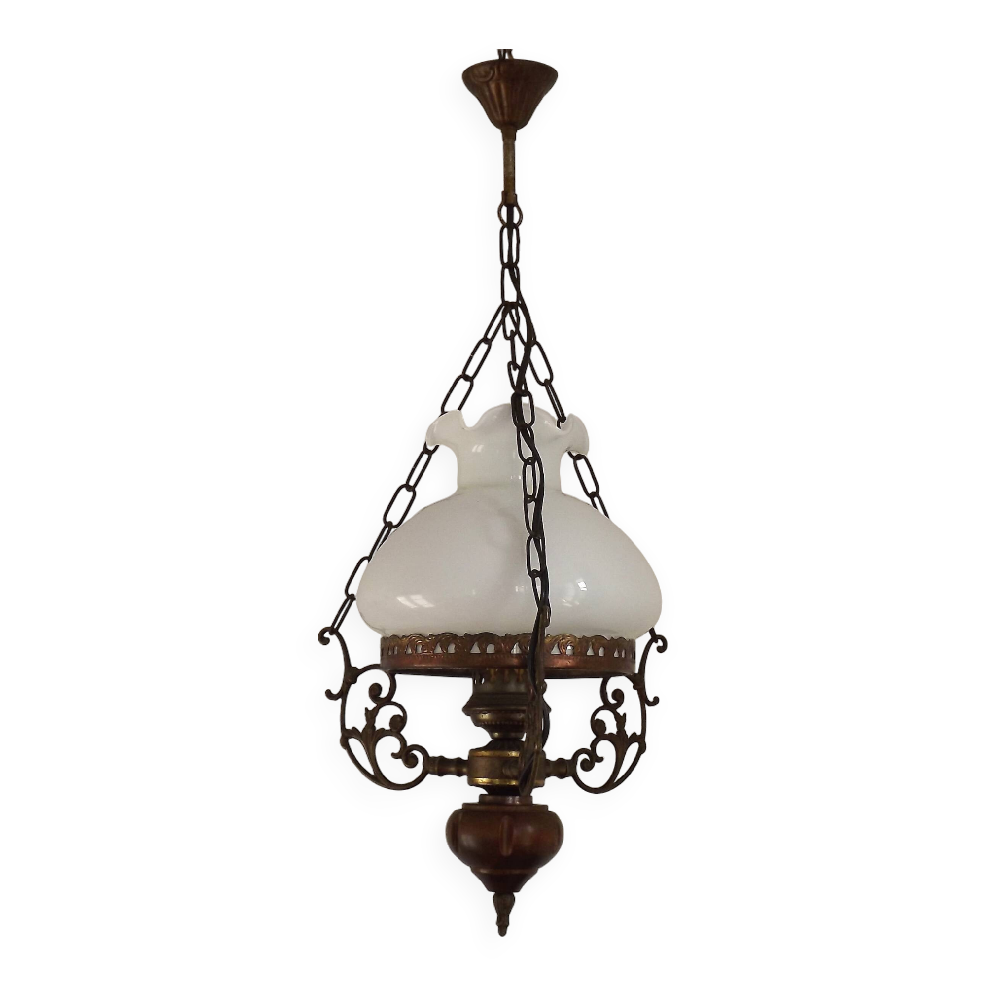 French Vintage Brass Metal And Wood Lantern Ceiling Light White Glass Shade 5120