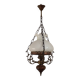 French Vintage Brass Metal And Wood Lantern Ceiling Light White Glass Shade 5120