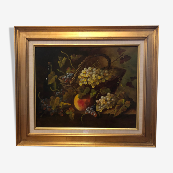 Huile sur toile nature morte au panier de fruits