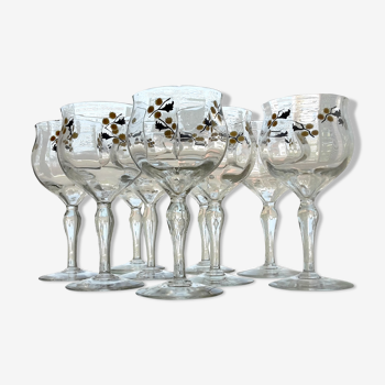 Service of 9 crystal foot glasses enamelled with a decoration of mimosa flowers