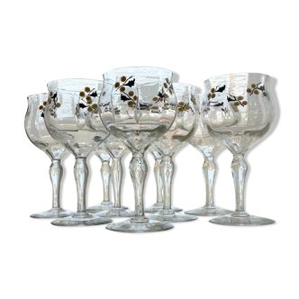 Service of 9 crystal foot glasses enamelled with a decoration of mimosa flowers