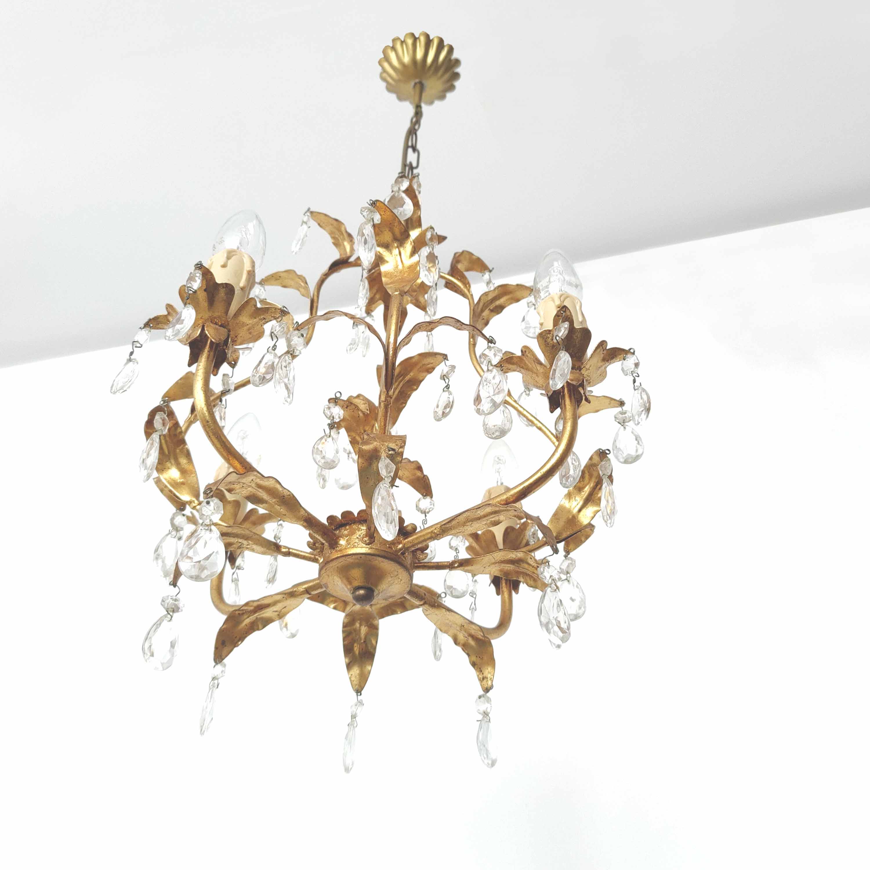 Chandelier pampilles and leaves golden metal