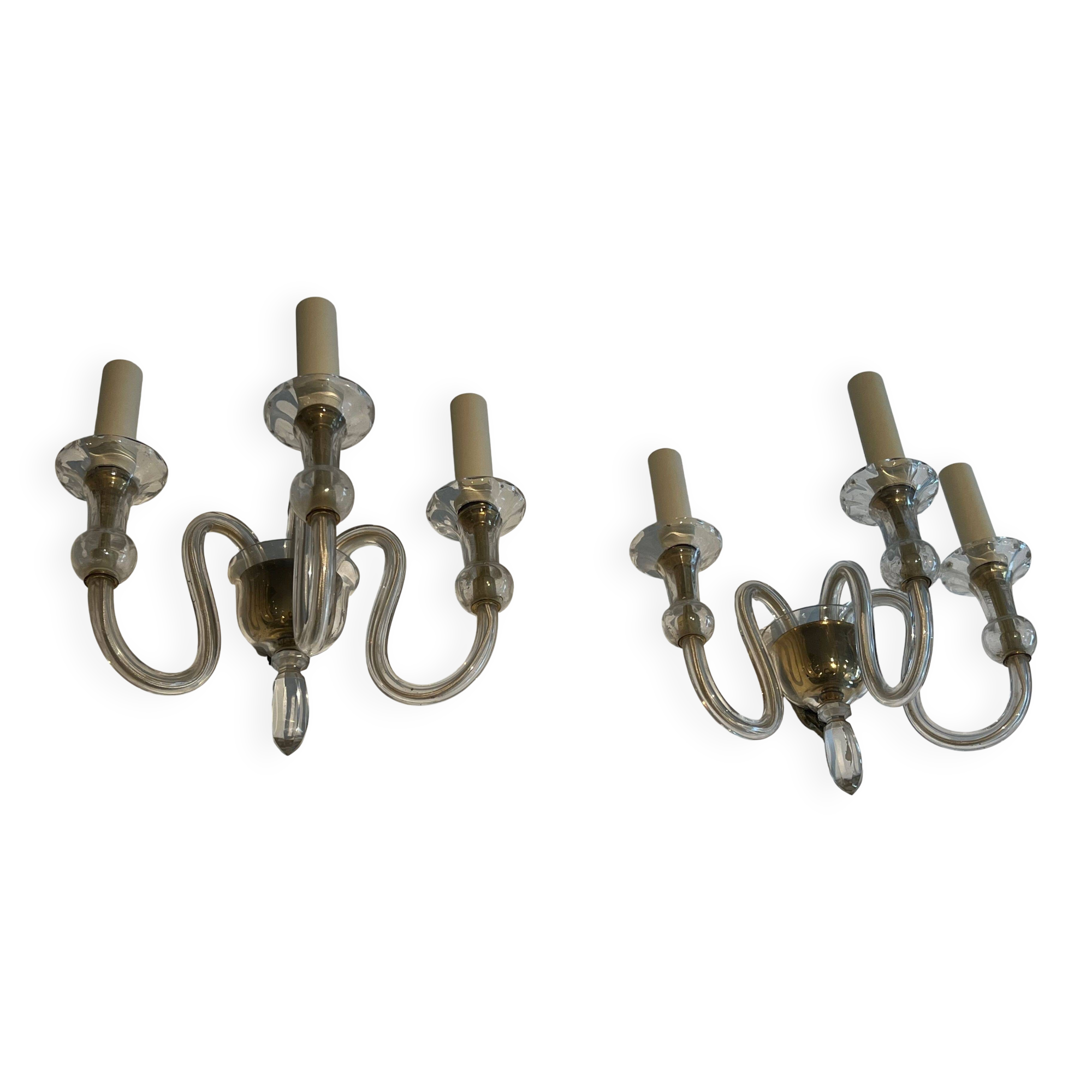 Pair of Murano crystal wall lights with 3 arms.