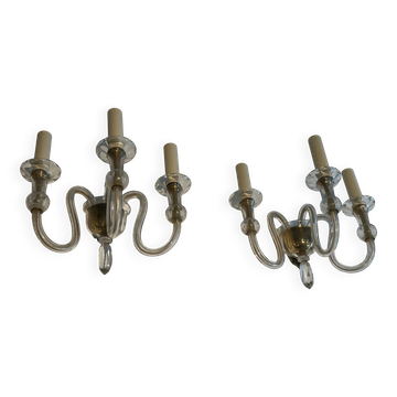 Pair of Murano crystal wall lights with 3 arms.