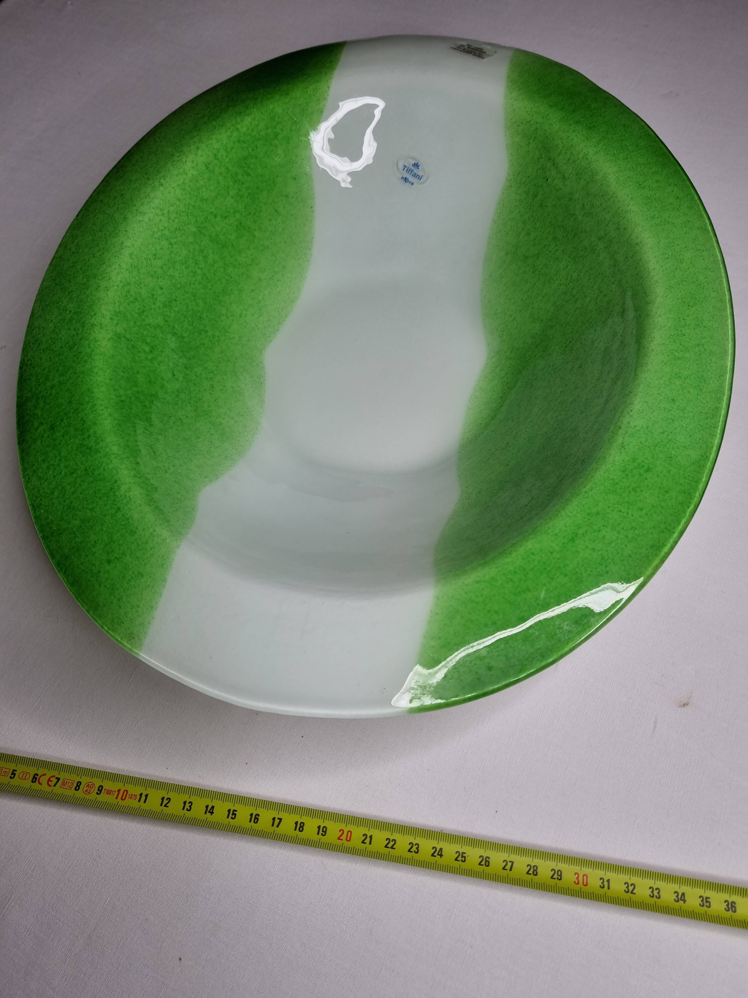 Plat décoratif ovale en pâte de verre, vert prairie et blanc, 45 cm