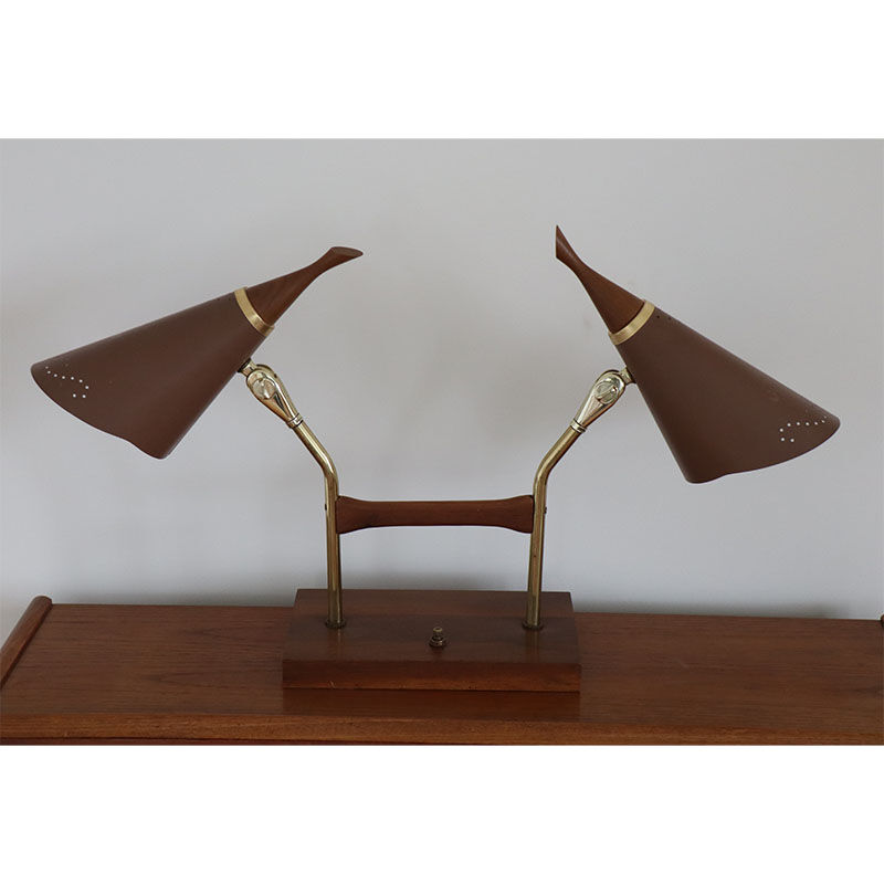 Vintage desk lamp double casserole in metal and brass, 1960
