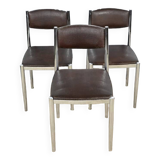 Suite of 3 Leather and Chrome Metal Chairs, attributed to Collomb Creation – 1970