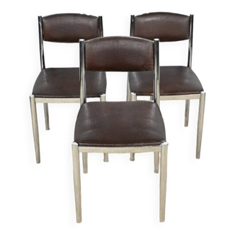 Suite de 3 Chaises en Cuir et Métal Chromé, attribuées à Collomb Création – 1970