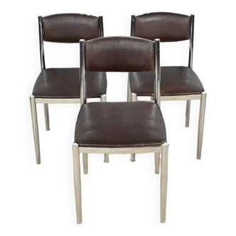 Suite of 3 Leather and Chrome Metal Chairs, attributed to Collomb Creation – 1970
