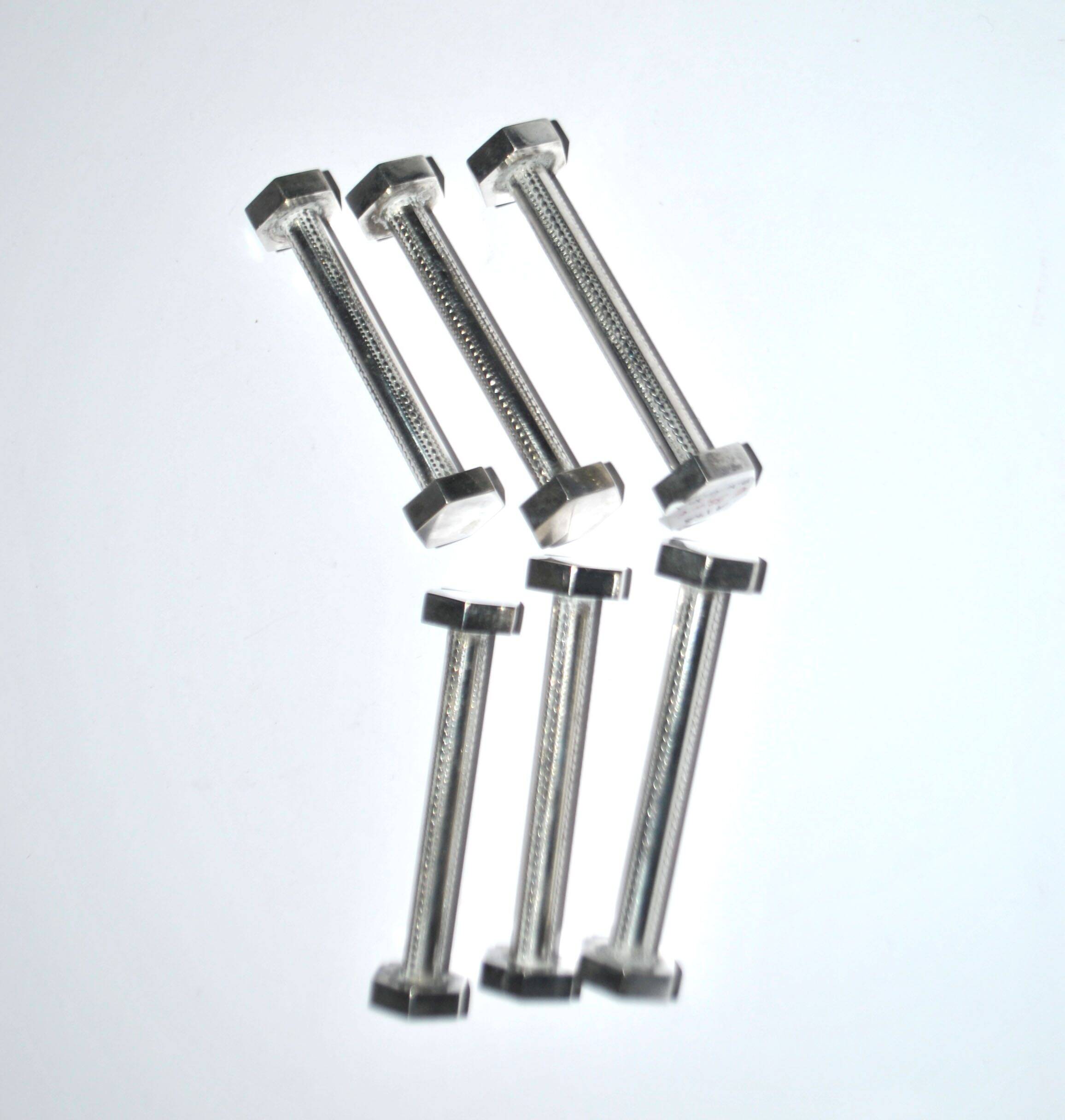 Set of 6 modernist industrial design silver metal nut and bolt knife rests