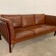 Vintage danish stouby dark cognac leather and rose stained beechwood frame 3 seater sofa