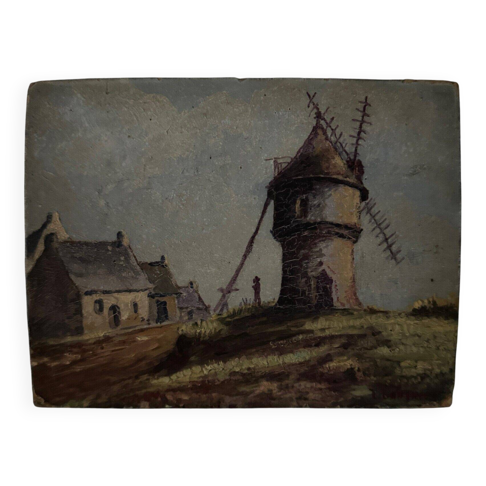 Huile sur carton représentant un moulin XXe par L. Ganthier