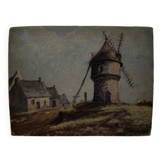 Oil on cardboard representing a 20th century mill by L. Ganthier