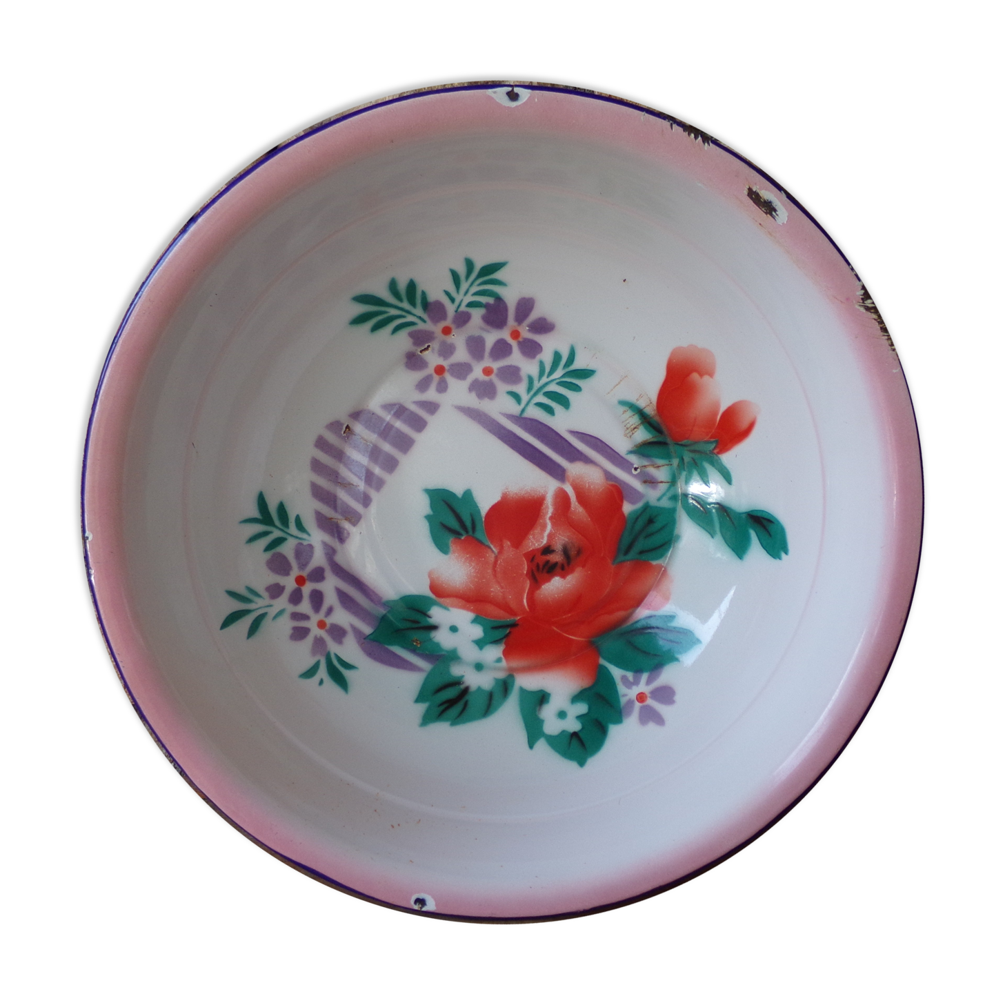 Enamelled sheet metal basin floral decoration