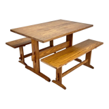 Mid century scandinavian pine dining set consists of one table and two benches, 1960s