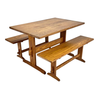 Mid century scandinavian pine dining set consists of one table and two benches, 1960s